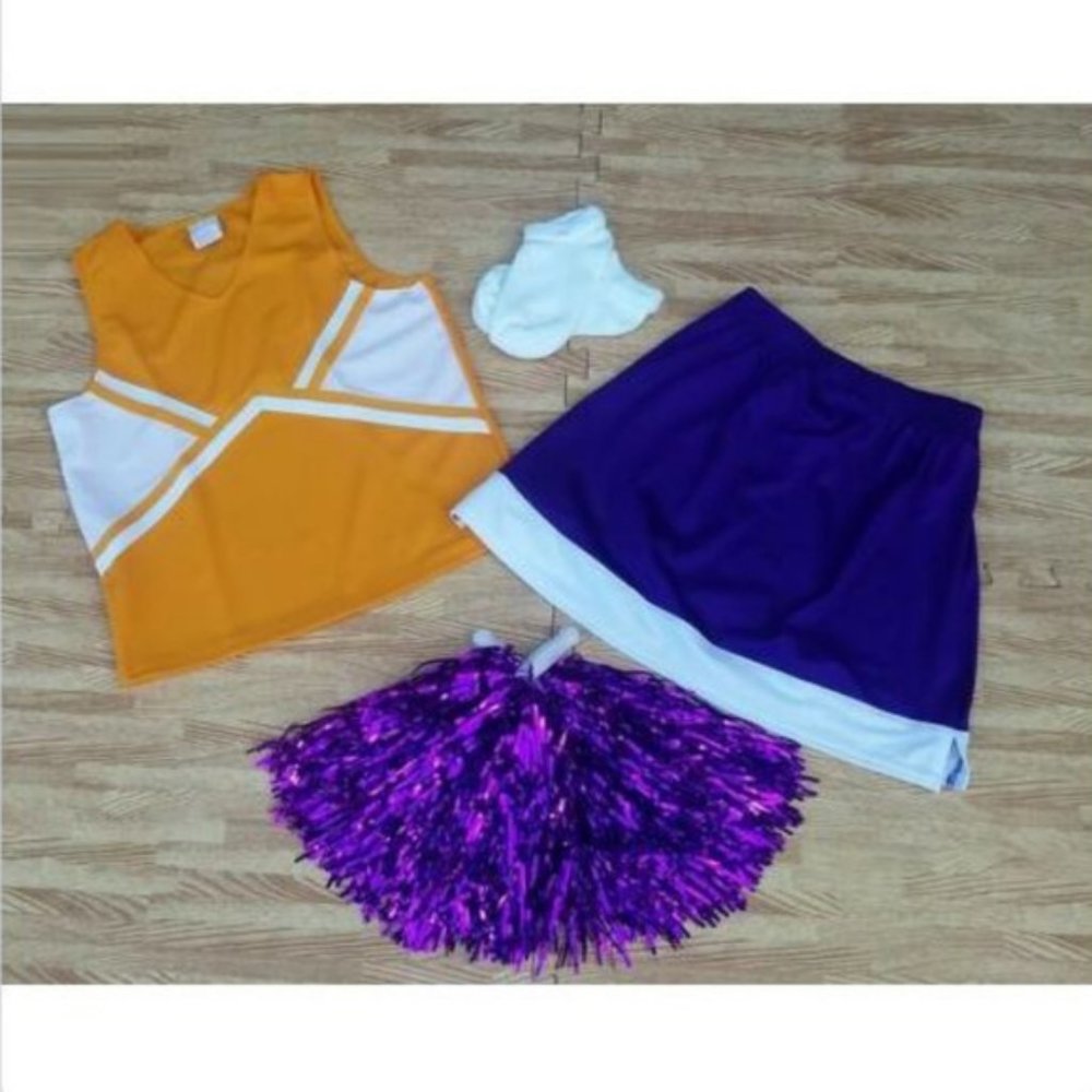 NEW GOLD PURPLE CHEERLEADER UNIFORM TOP SKIRT POMS
